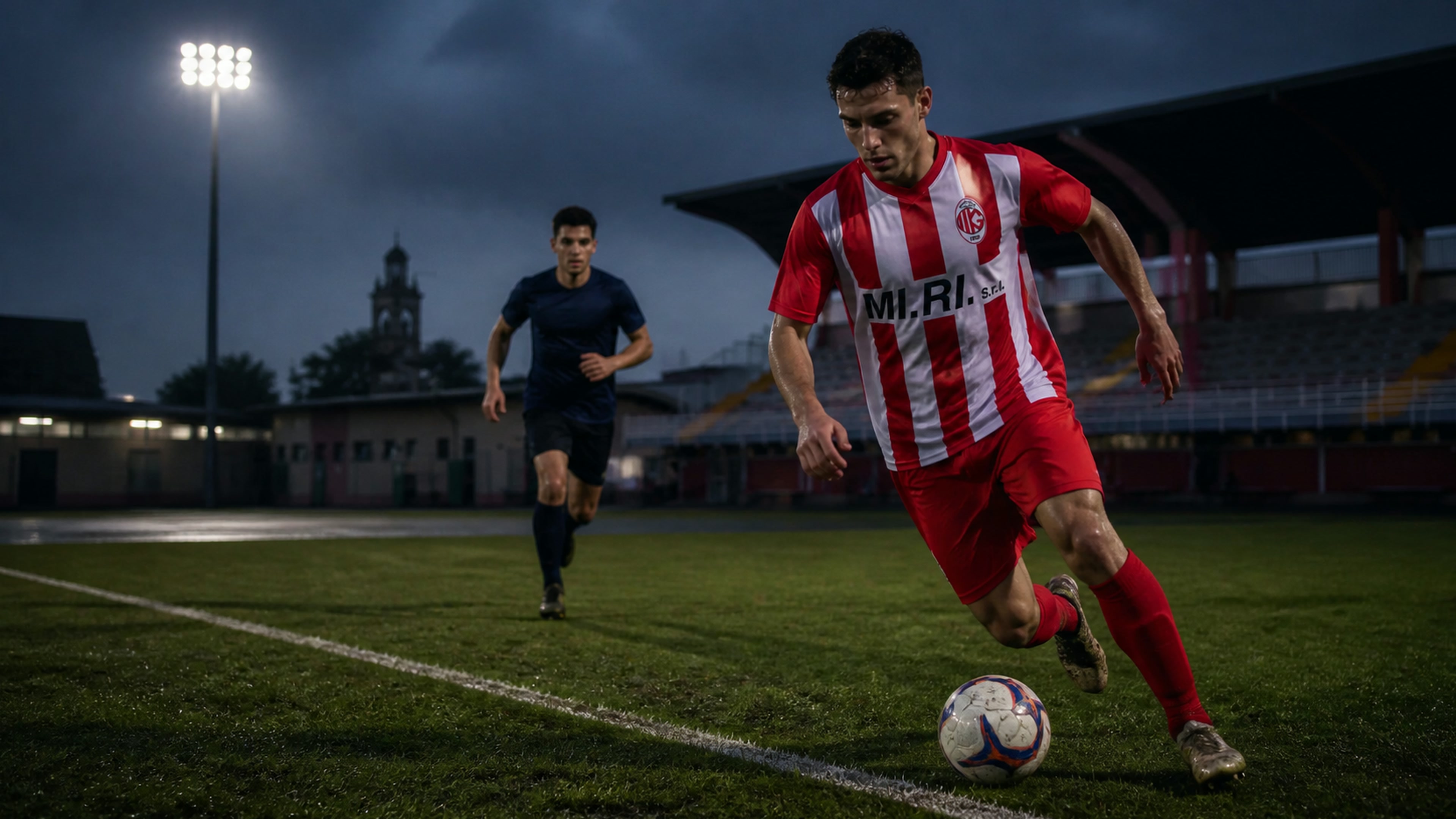 Giocatore del Ghisalba conduce il pallone sotto i riflettori, in una partita serale al campo comunale