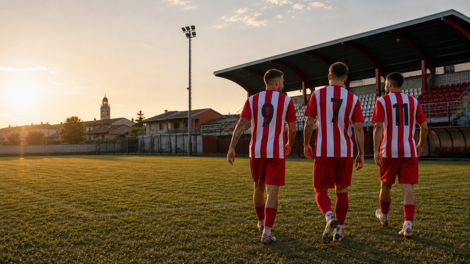 Tre giocatori della Juniores entrano in campo al tramonto